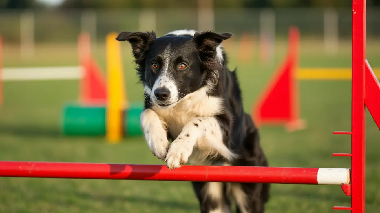 A focused Border Collie mid-jump during an agility training course