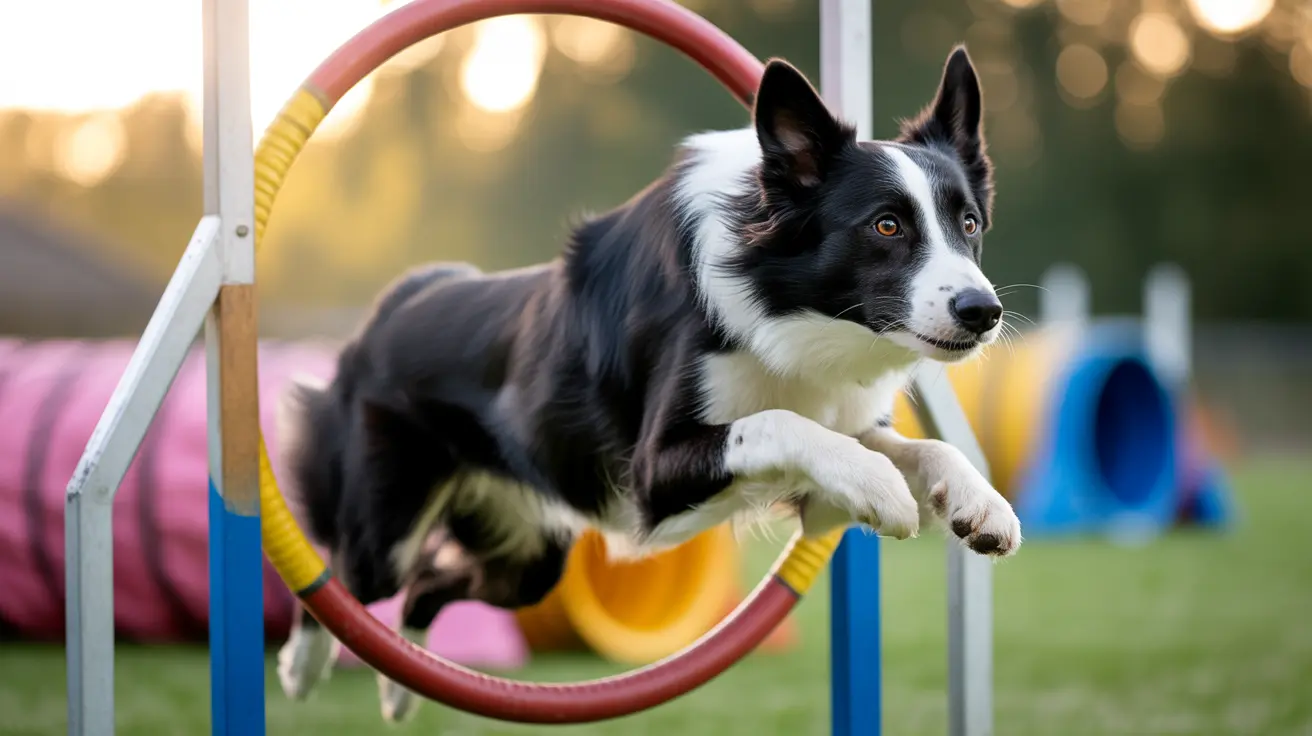 Border Collie jumping through a colorful hoop during outdoor agility training