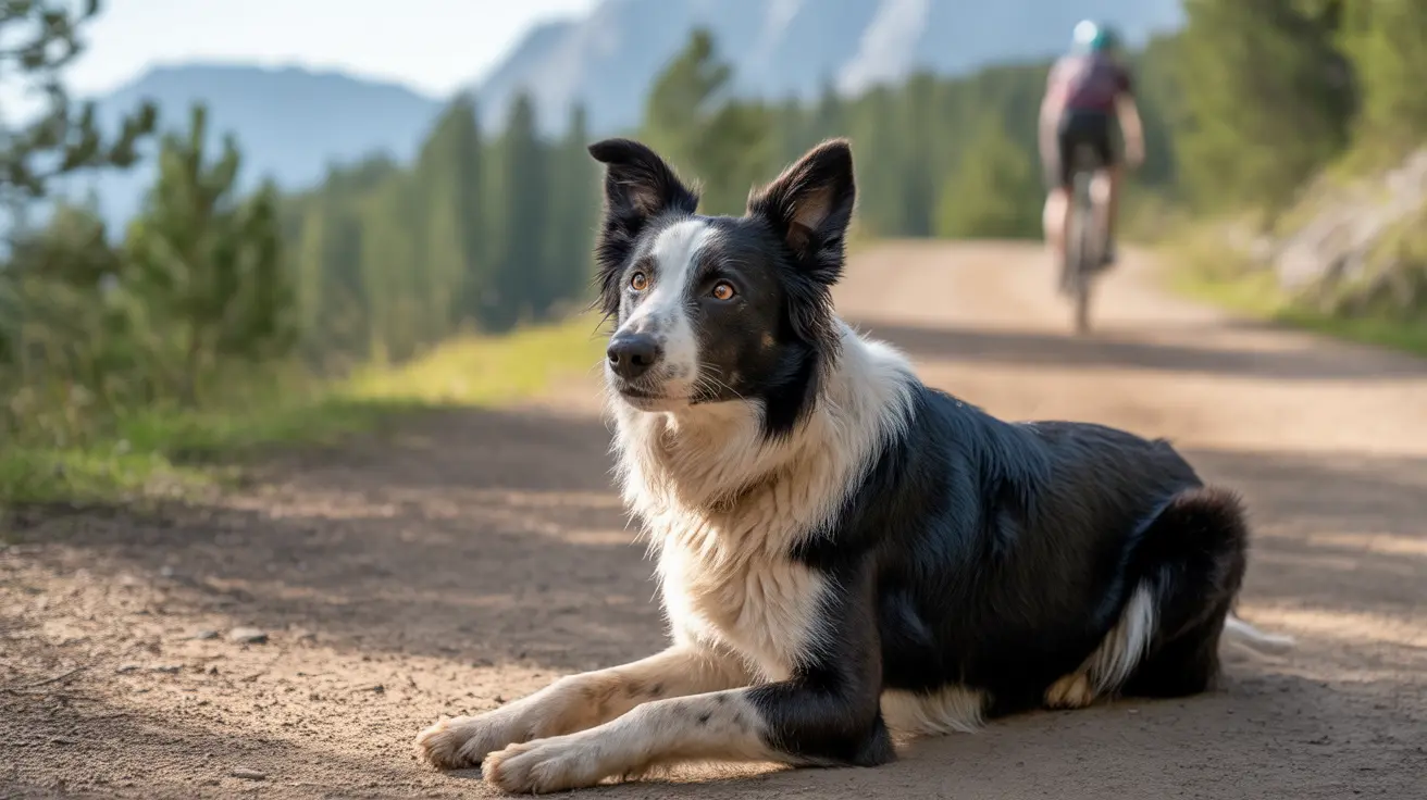 Border Collie lying on dirt trail looking alert with cyclist in background