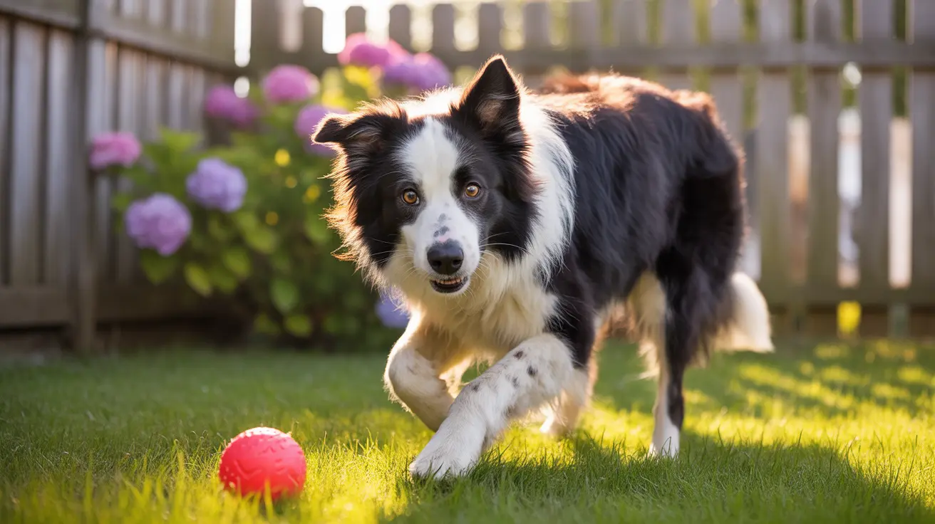 A Border Collie playing with a red ball in a sunny backyard