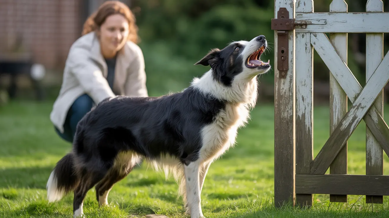 A Border Collie barking loudly next to a white wooden gate in a grassy backyard with a person crouching nearby