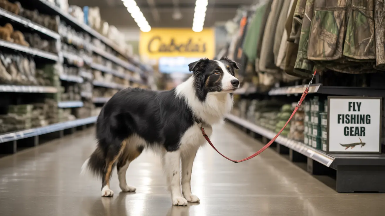 A Border Collie standing attentively on a leash in a Cabela's outdoor gear store aisle