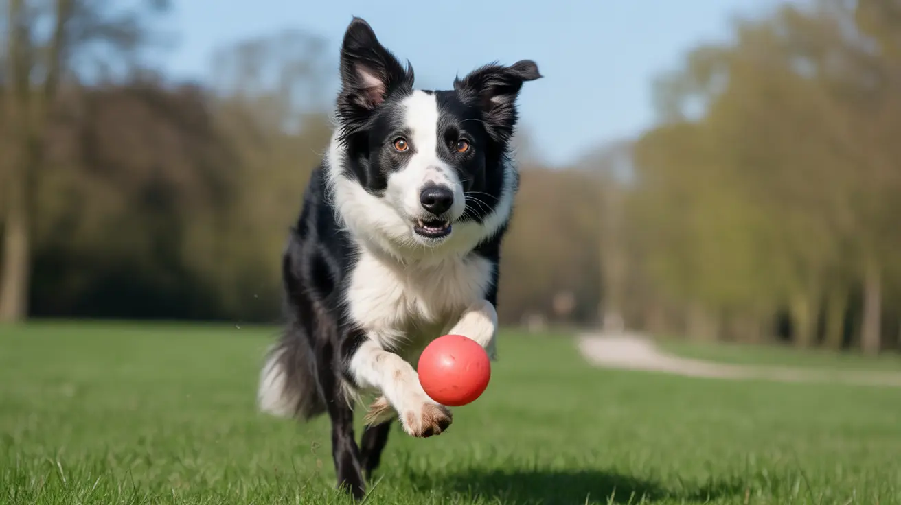A Border Collie running and catching a red ball in mid-air while playing in a grassy park