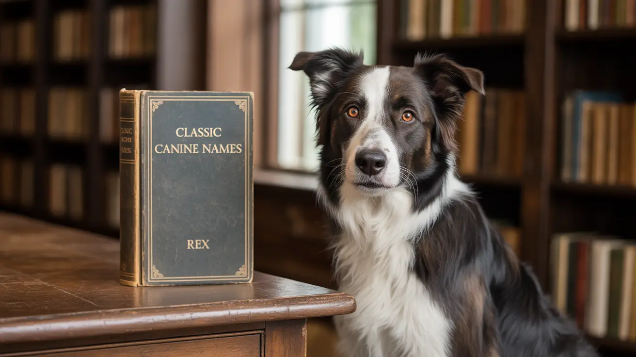 A Border Collie sitting next to a book titled 'Classic Canine Names' in a library setting