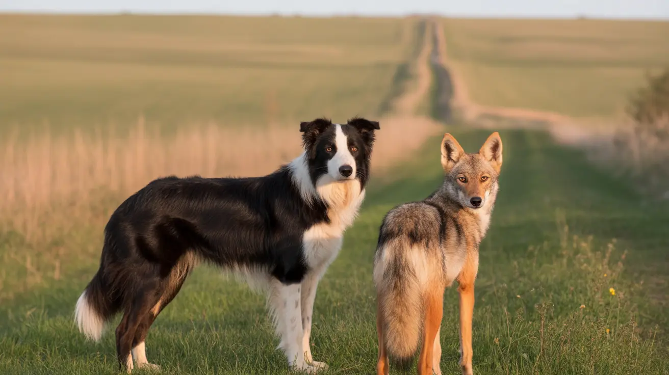 Border Collie standing beside a coyote on a rural grassy path with farmland in the background