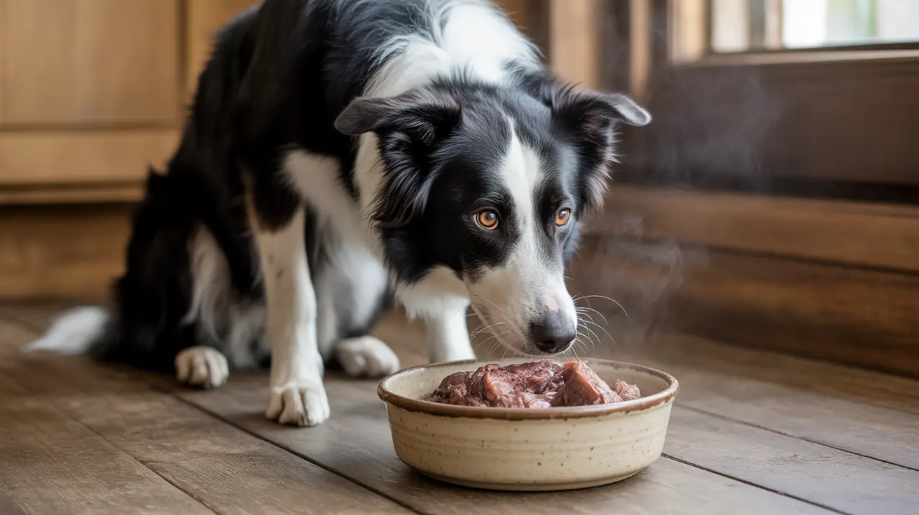 Border Collie sitting next to a bowl of raw meat, looking intently at the food