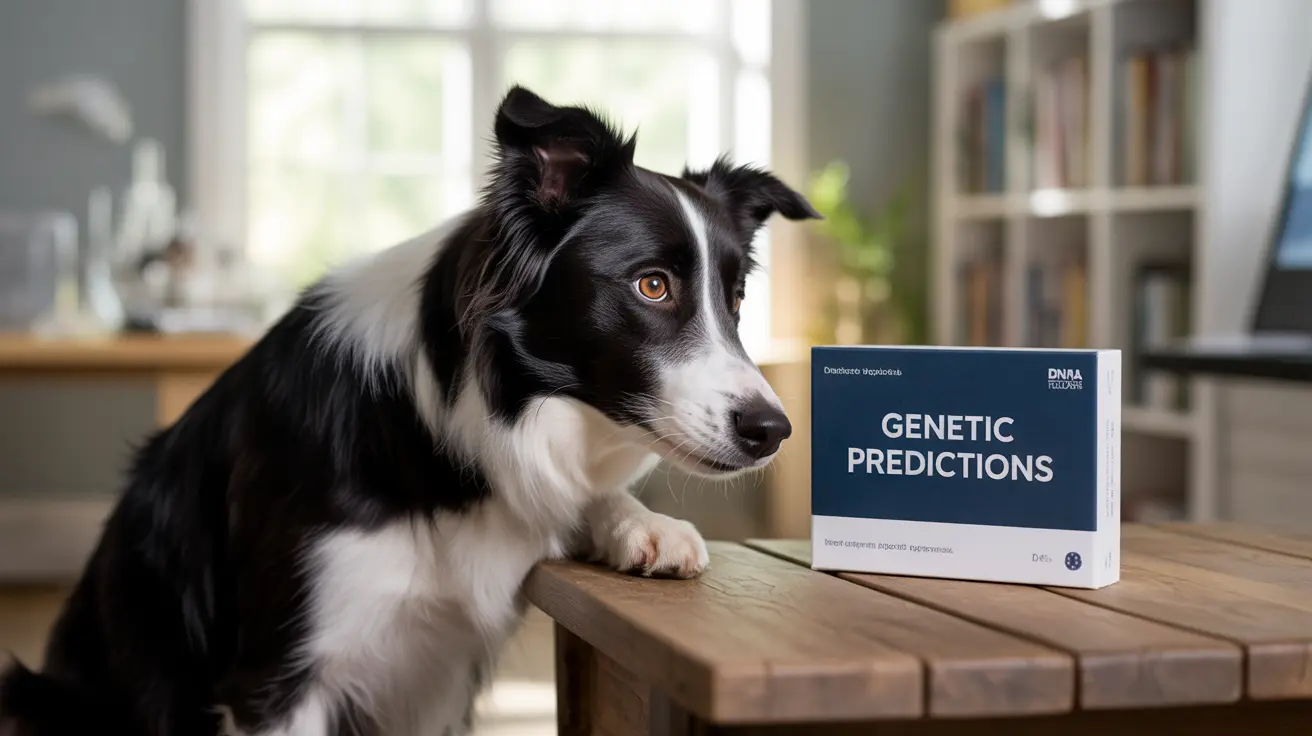 Um Border Collie preto e branco sentado ao lado de um kit de teste de DNA 'Predições Genéticas' em uma mesa de madeira