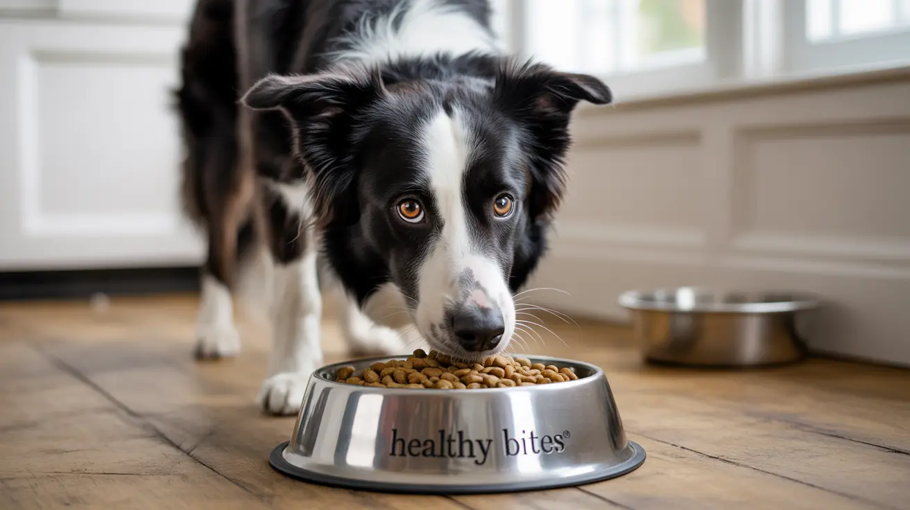 A black and white Border Collie looking intently at a bowl of dog food