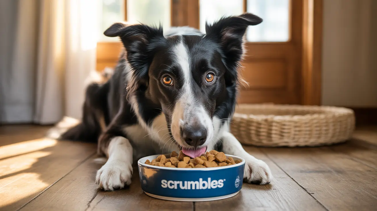 Black and white Border Collie eating from a blue Scrumbles dog food bowl