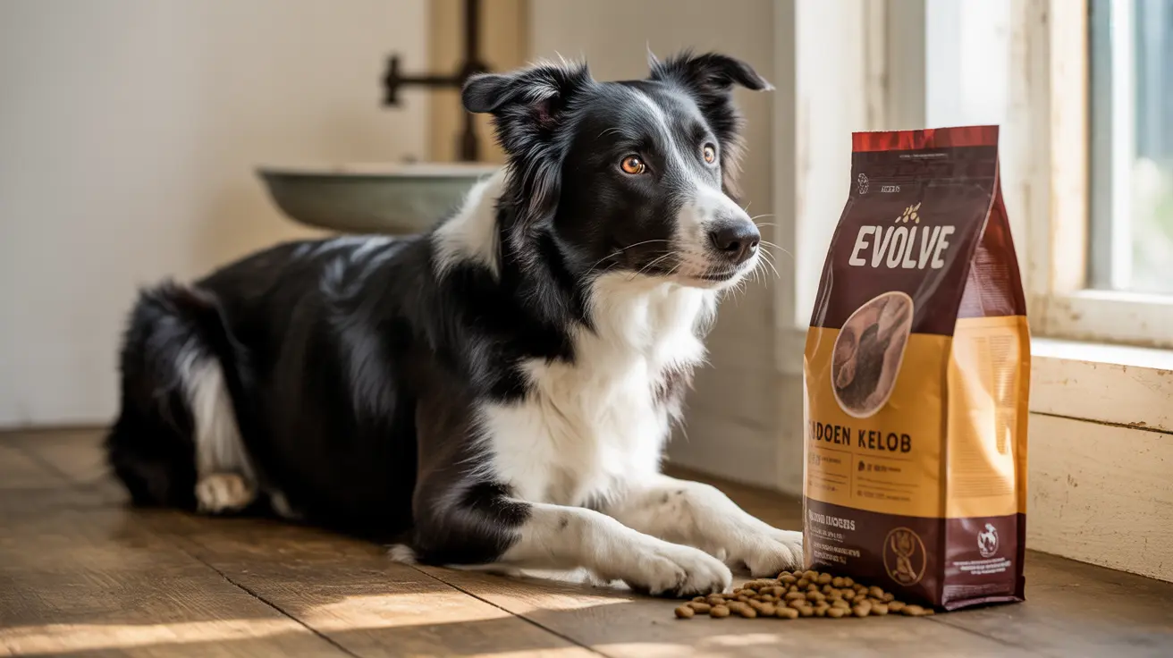 A black and white Border Collie sitting near a bag of Evolve dog food with kibble scattered on the floor.