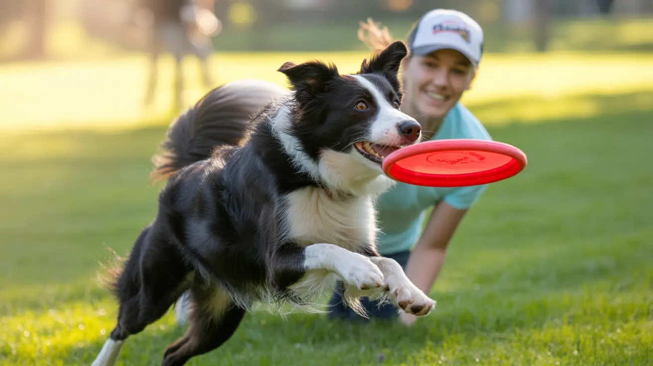 A Border Collie mid-leap catching a red frisbee in a grassy outdoor setting