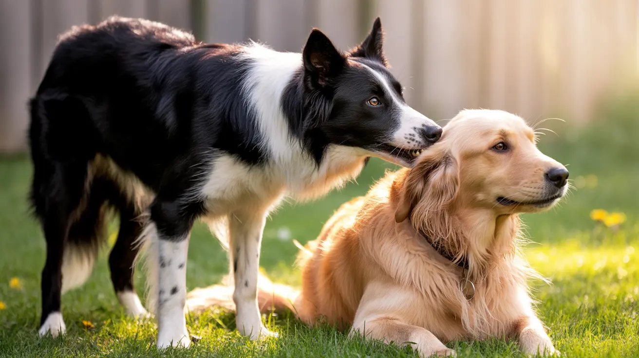 A Border Collie and a Golden Retriever sitting together in a sunny backyard.