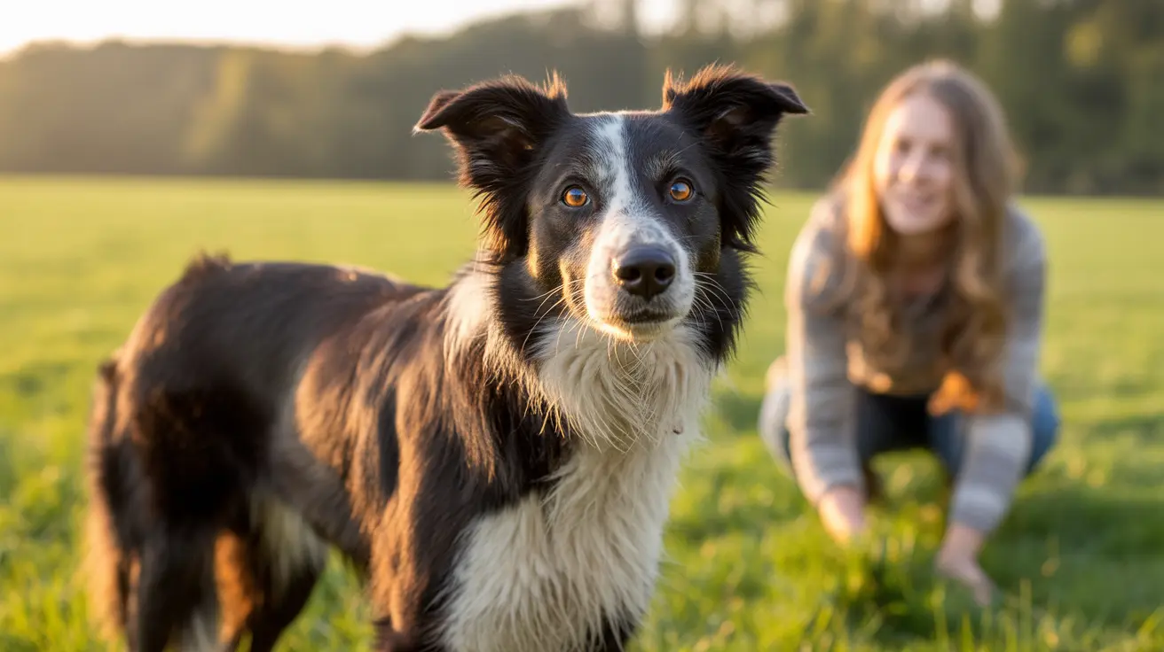 A Border Collie standing alertly in a sunlit grassy field with a person crouching in the background.
