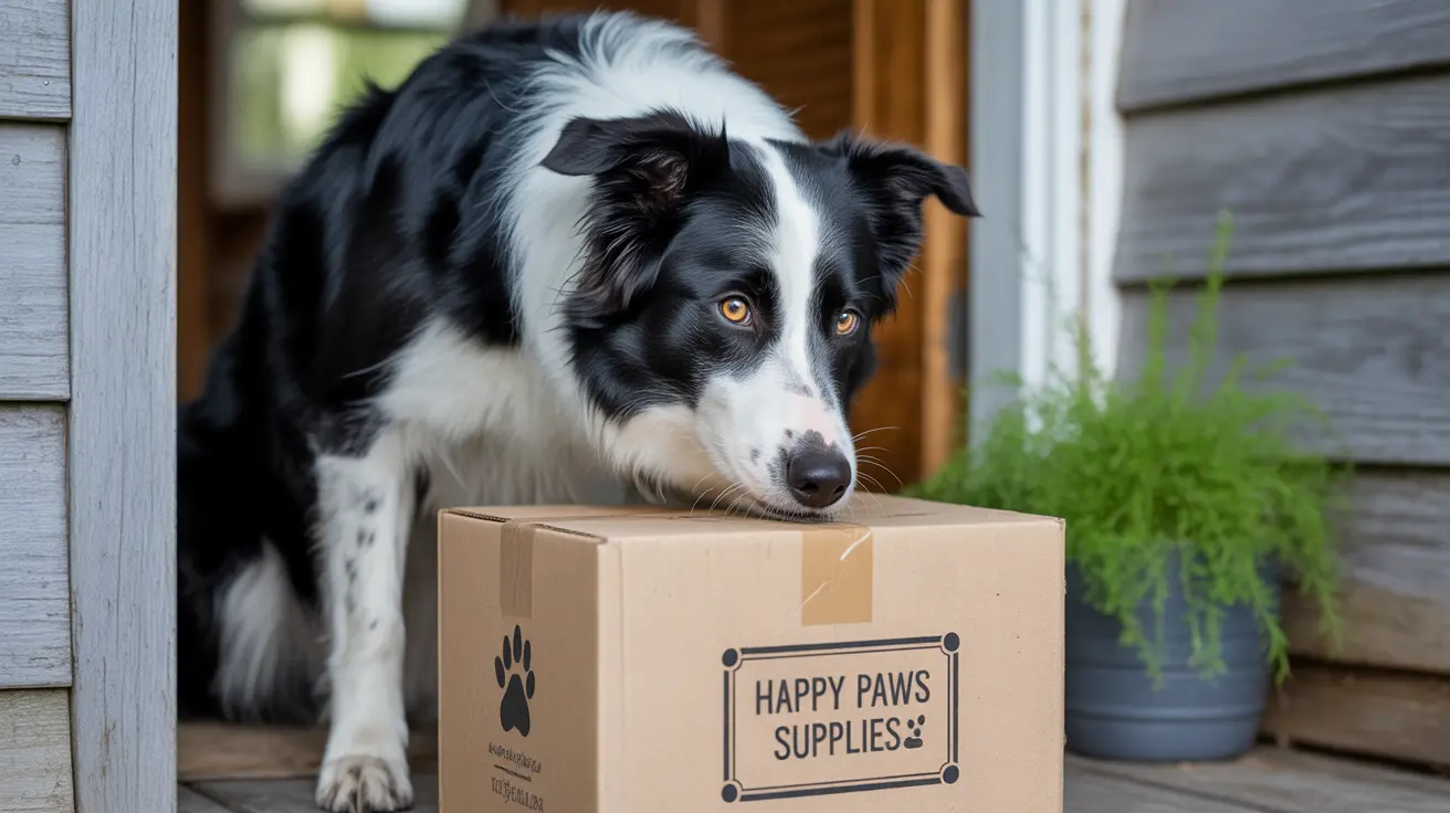 A Border Collie sitting next to a 'Happy Paws Supplies' cardboard box on a wooden porch