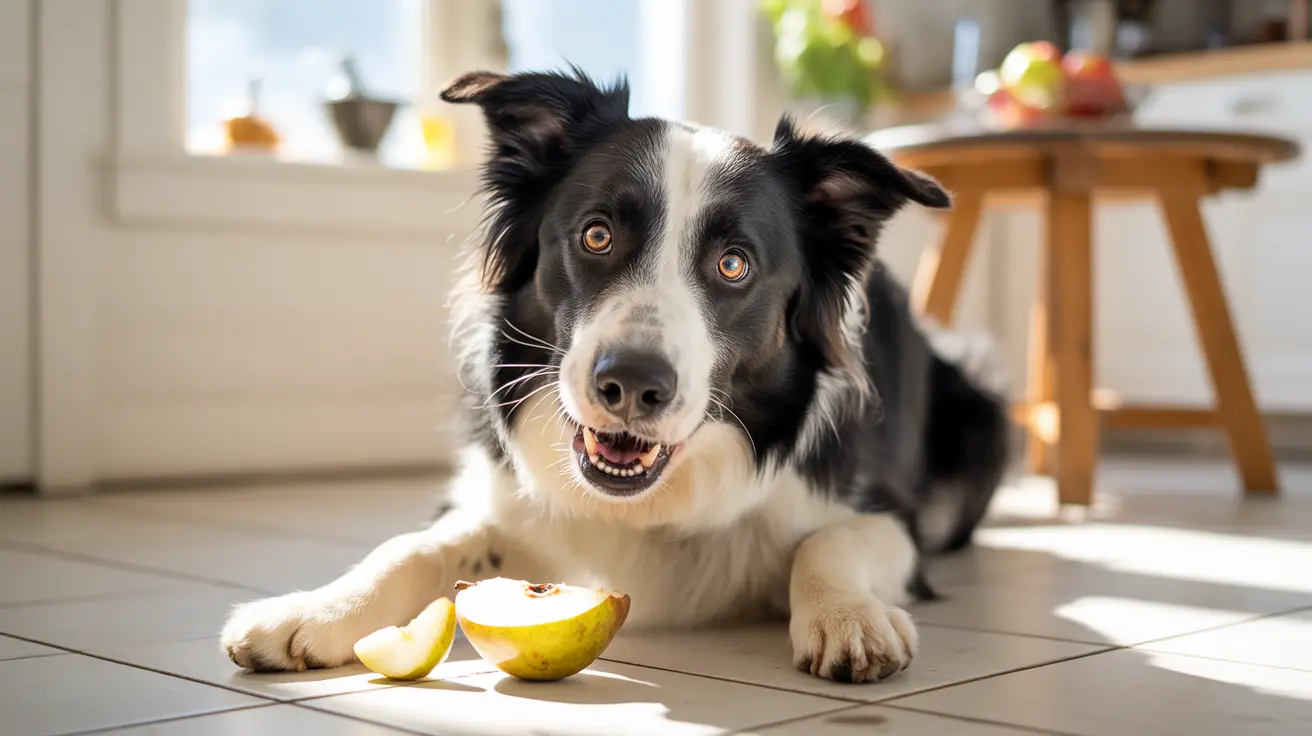 Border Collie lying on a kitchen floor with sliced apples in front, looking alert and happy