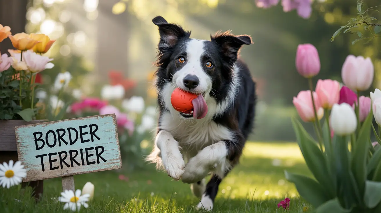 Border Collie leaping mid-air with a red ball in its mouth surrounded by colorful tulips and daisies