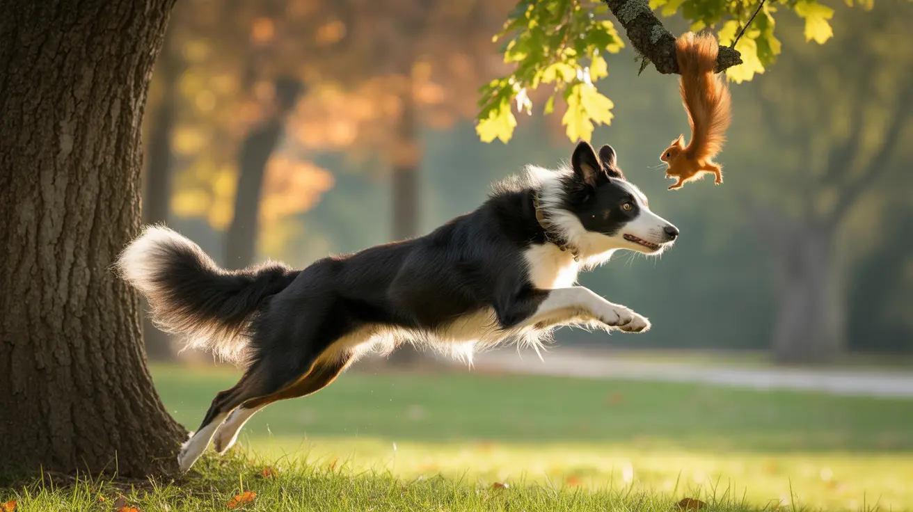 Border Collie leaping to chase a squirrel near a large tree in autumn park