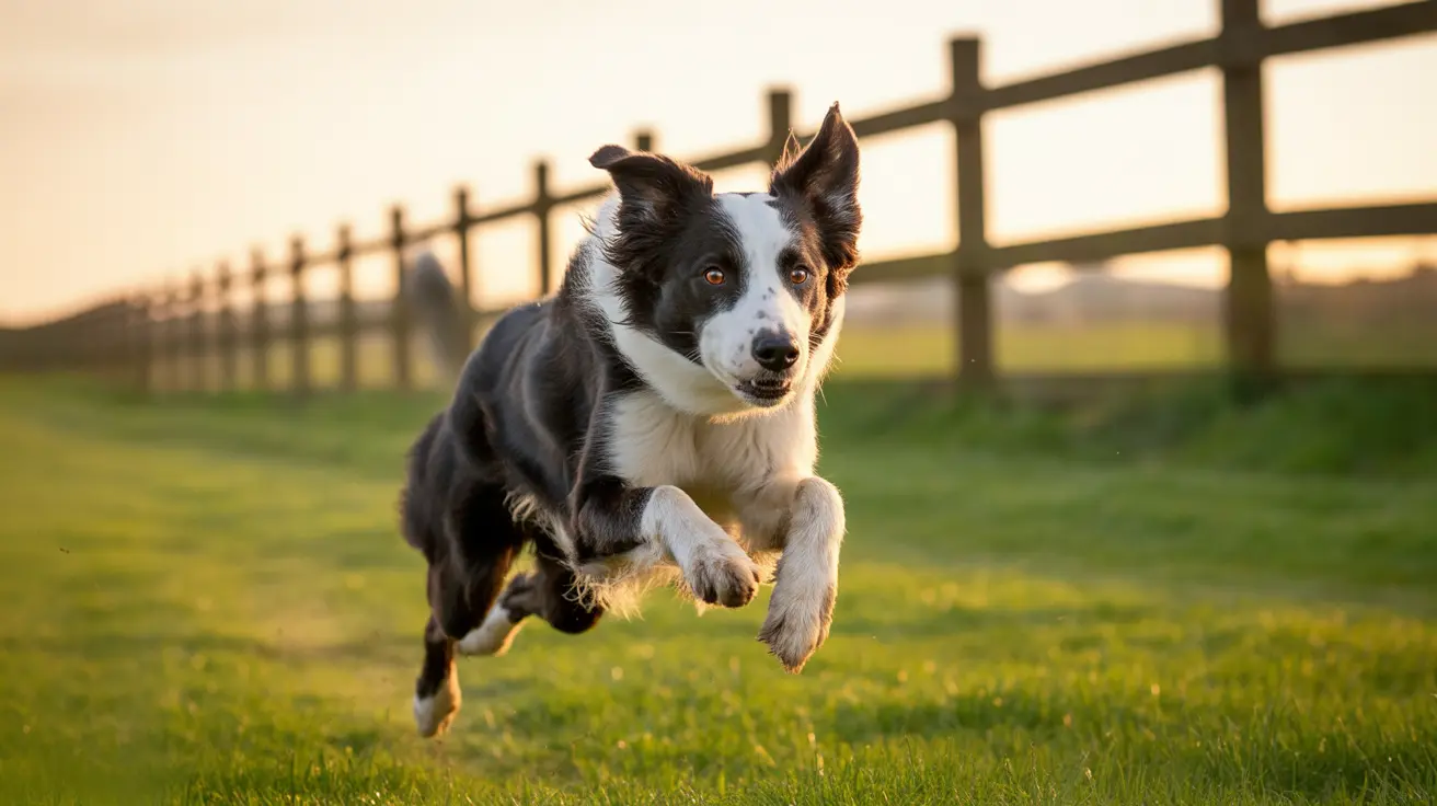 A Border Collie leaping dynamically across a grassy field at sunset