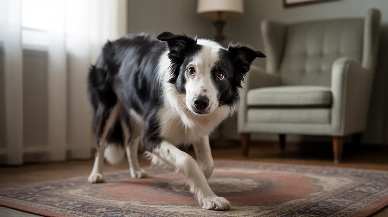 A black and white Border Collie standing attentively on a patterned area rug in a living room.