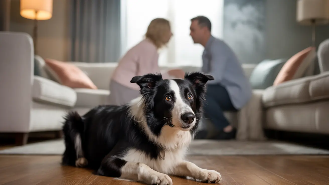 Border Collie lying on wooden floor with two people sitting on sofa in background