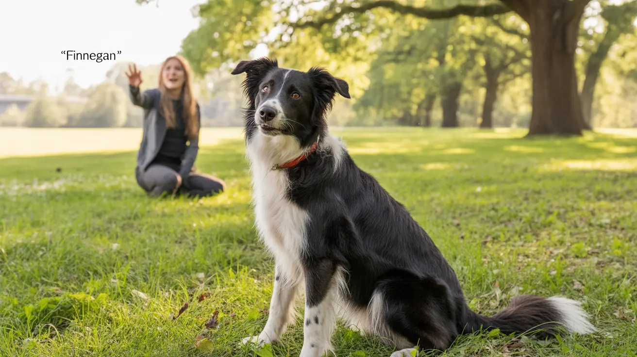 Un Border Collie blanco y negro sentado atentamente en un parque con una persona al fondo