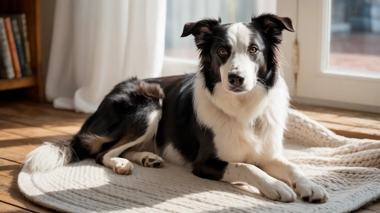 A black and white Border Collie sitting calmly on a knitted blanket near a window