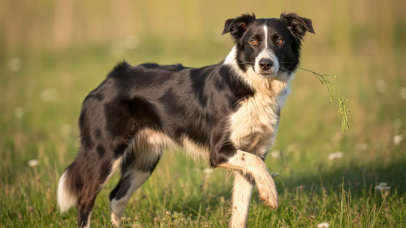 A Border Collie standing alert in a grassy meadow with a soft-focus background