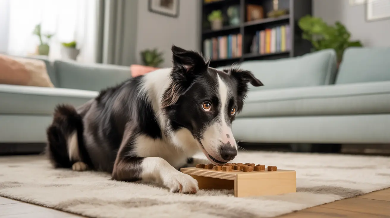 Black and white Border Collie focused on wooden puzzle toy with treats on a soft rug