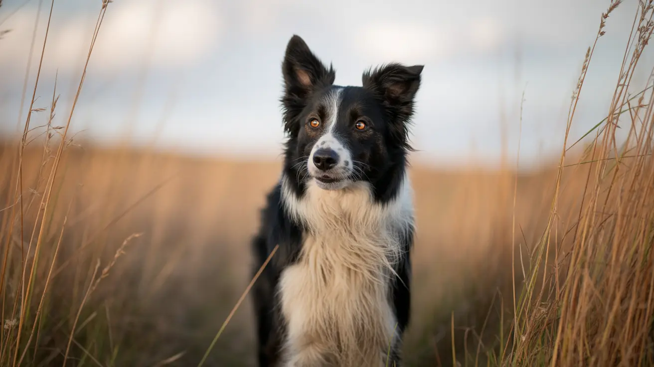 A striking Border Collie standing alert in a tall grass field with a soft, blurred background