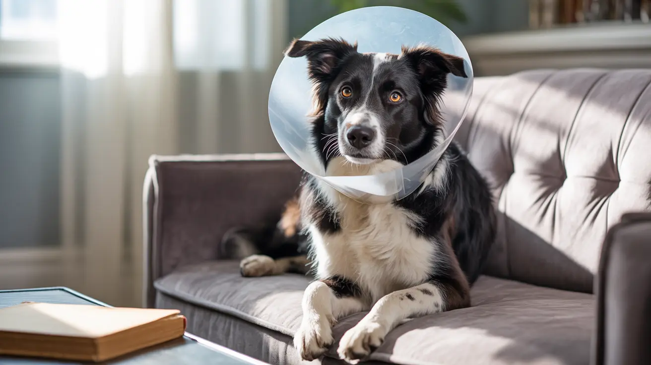 Border Collie wearing a medical recovery cone sitting alertly on a gray couch