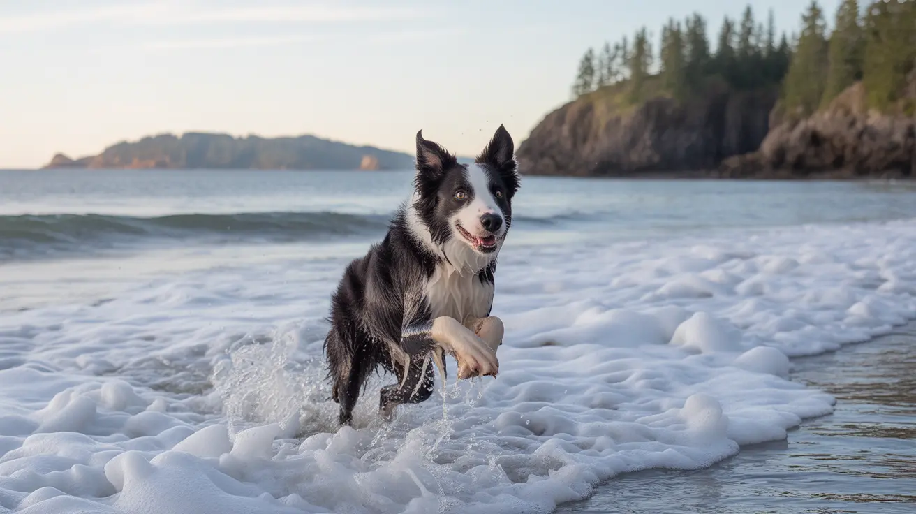 A Border Collie joyfully running through ocean waves with a rocky coastal landscape in the background.