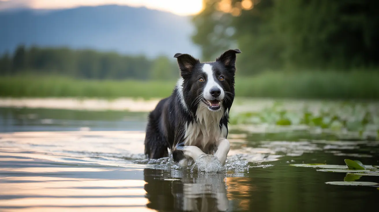Un Border Collie de pie en un lago o río sereno durante la hora dorada, con agua salpicando alrededor de su cuerpo.