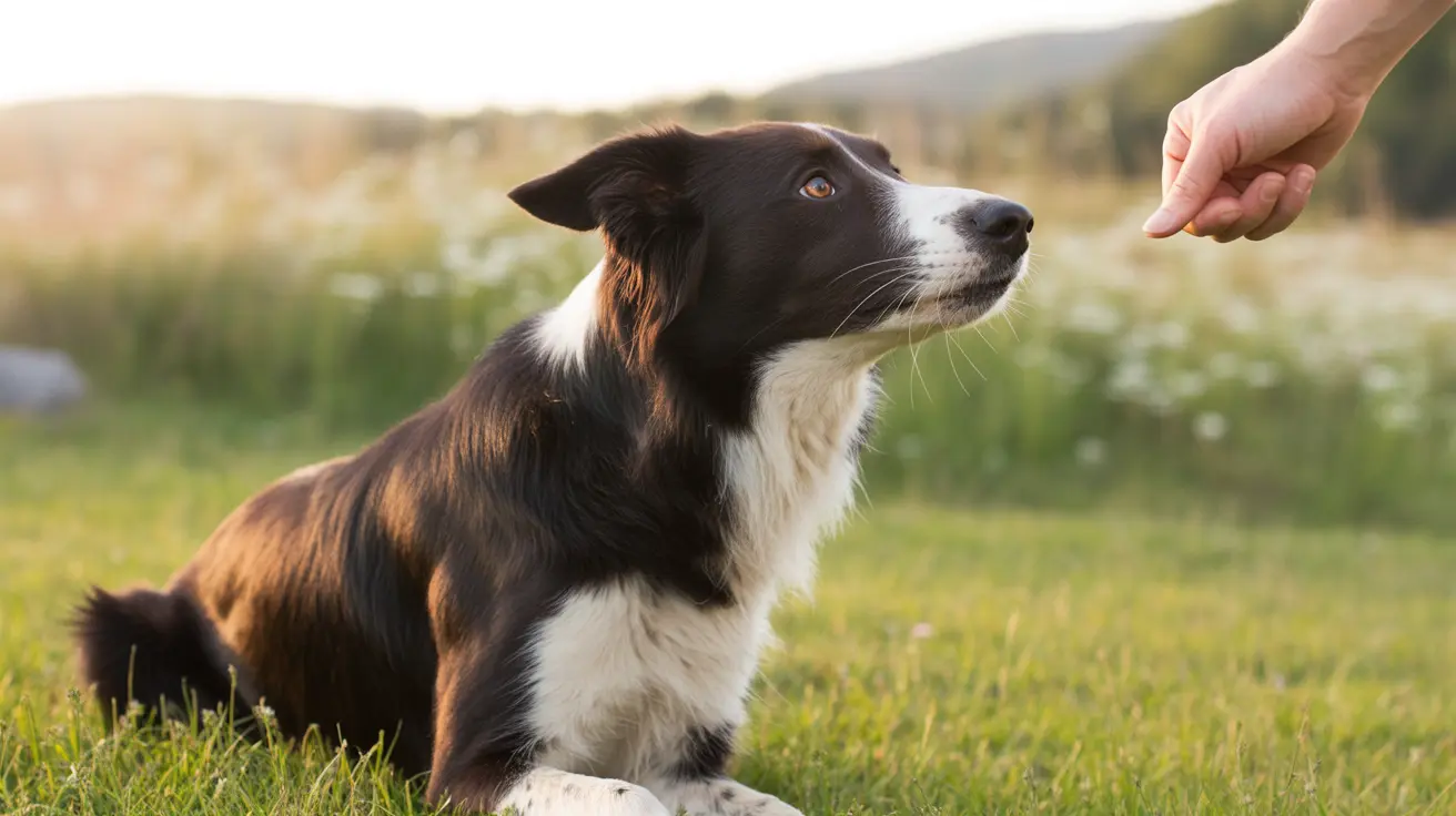 Border Collie sitting attentively in grass looking up at an outstretched human hand during golden hour