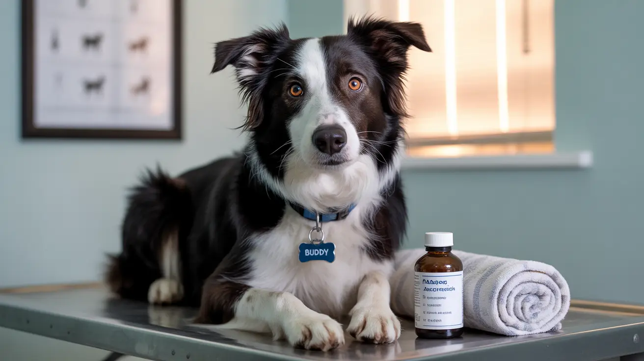 Border Collie on veterinary table with medication bottle and towel