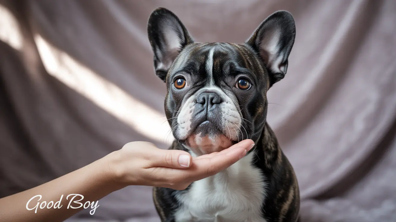 A close-up portrait of a Boston Terrier receiving gentle affection from a hand under its chin