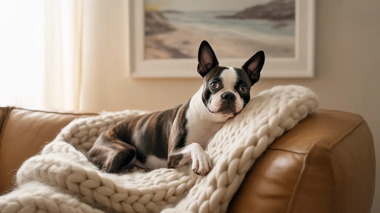 Boston Terrier sitting comfortably on a leather couch with a chunky white knitted blanket