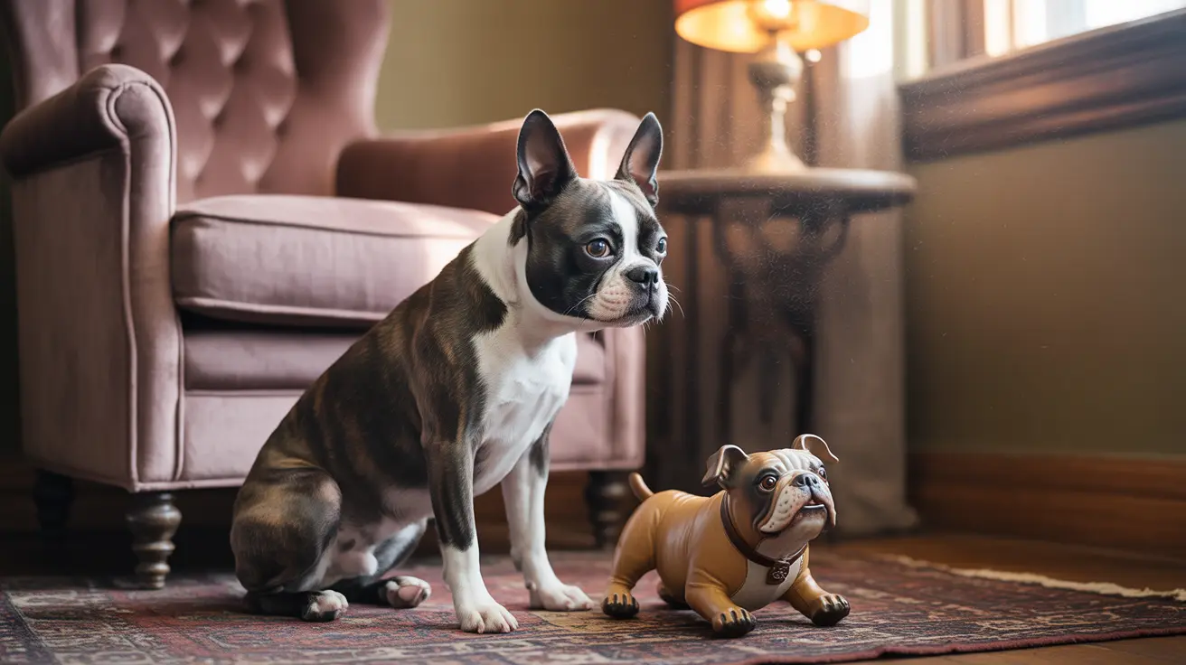 Un Boston Terrier sentado junto a una figura decorativa de perro en un elegante ambiente interior
