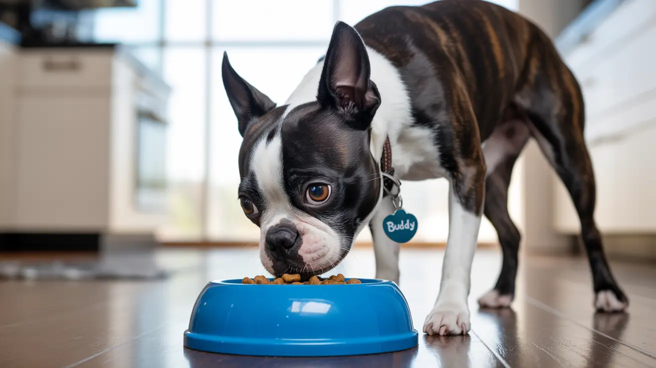 A Boston Terrier with a distinctive black and white coat eating from a bright blue food bowl