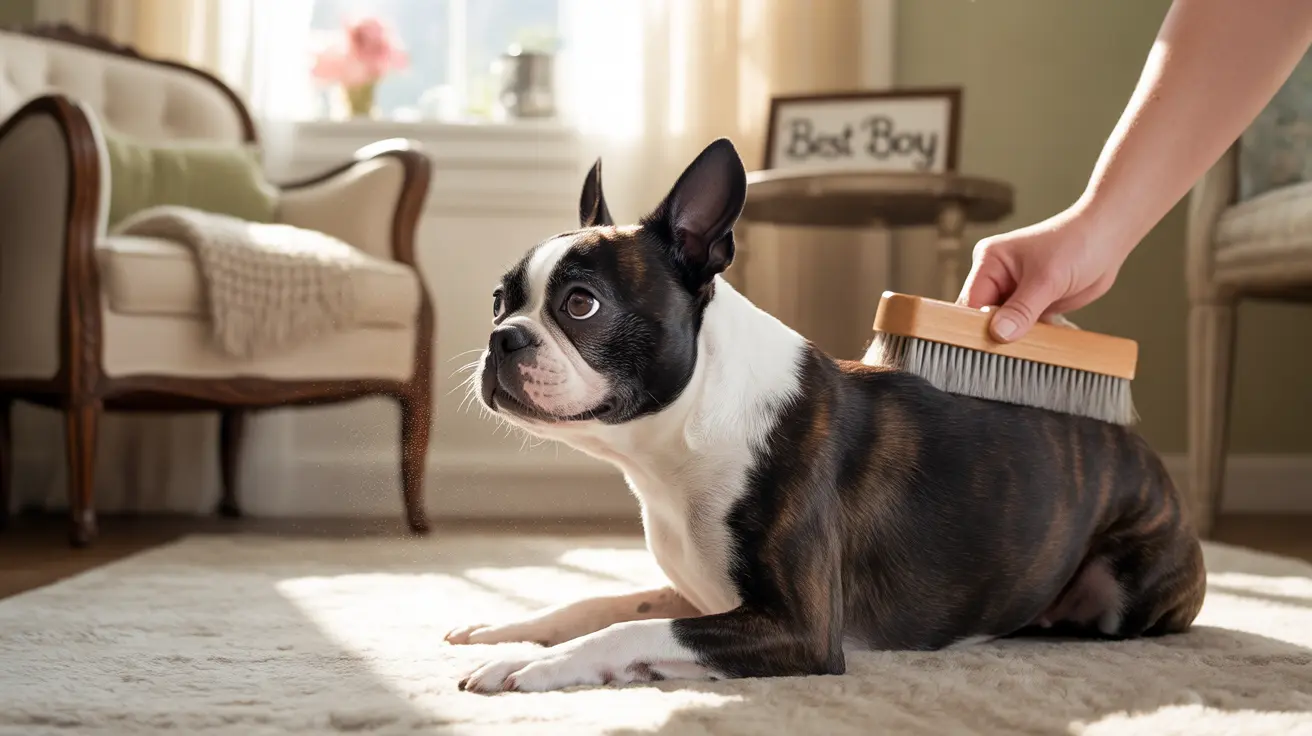 A Boston Terrier being brushed by a hand holding a wooden-handled grooming brush in a cozy living room setting