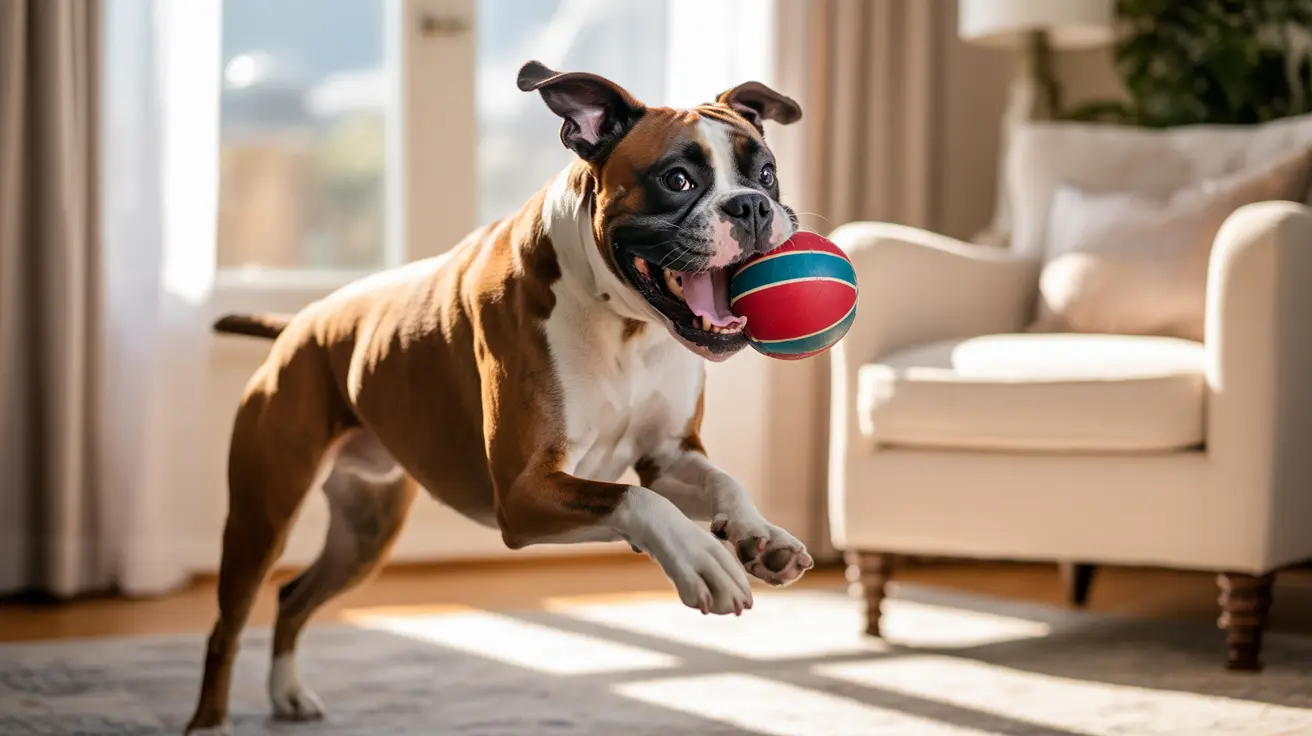 Boston Terrier running indoors with colorful ball in mouth in bright living room