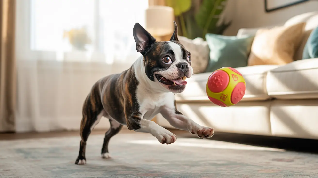 A playful Boston Terrier mid-leap catching a colorful ball in a bright living room