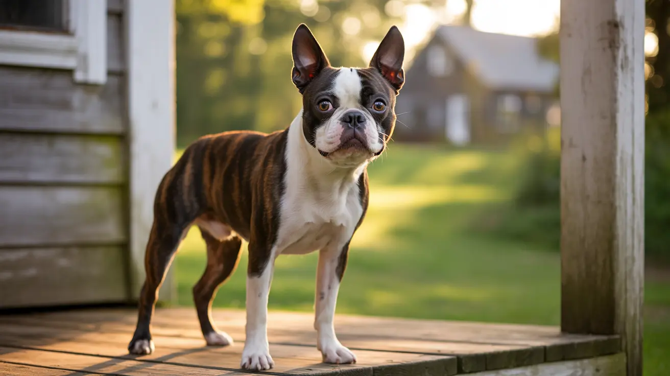 A Boston Terrier standing confidently on a wooden porch with a blurred green yard background