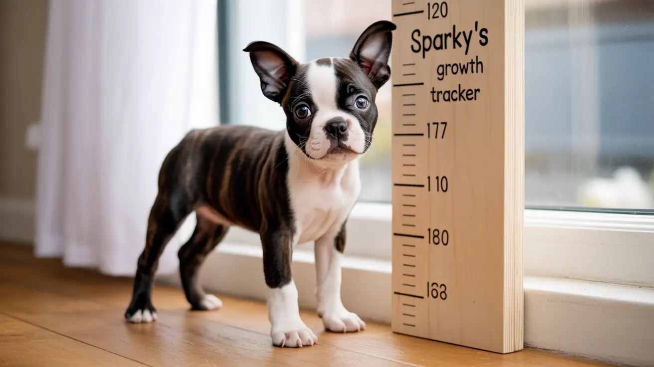 A young Boston Terrier puppy standing next to a personalized wooden growth tracker marked with the name 'Sparky'