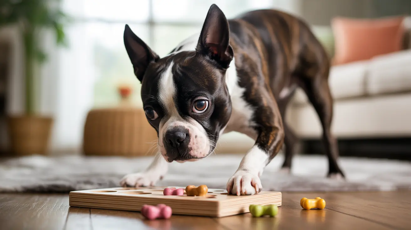 A Boston Terrier intently examining a colorful puzzle treat board