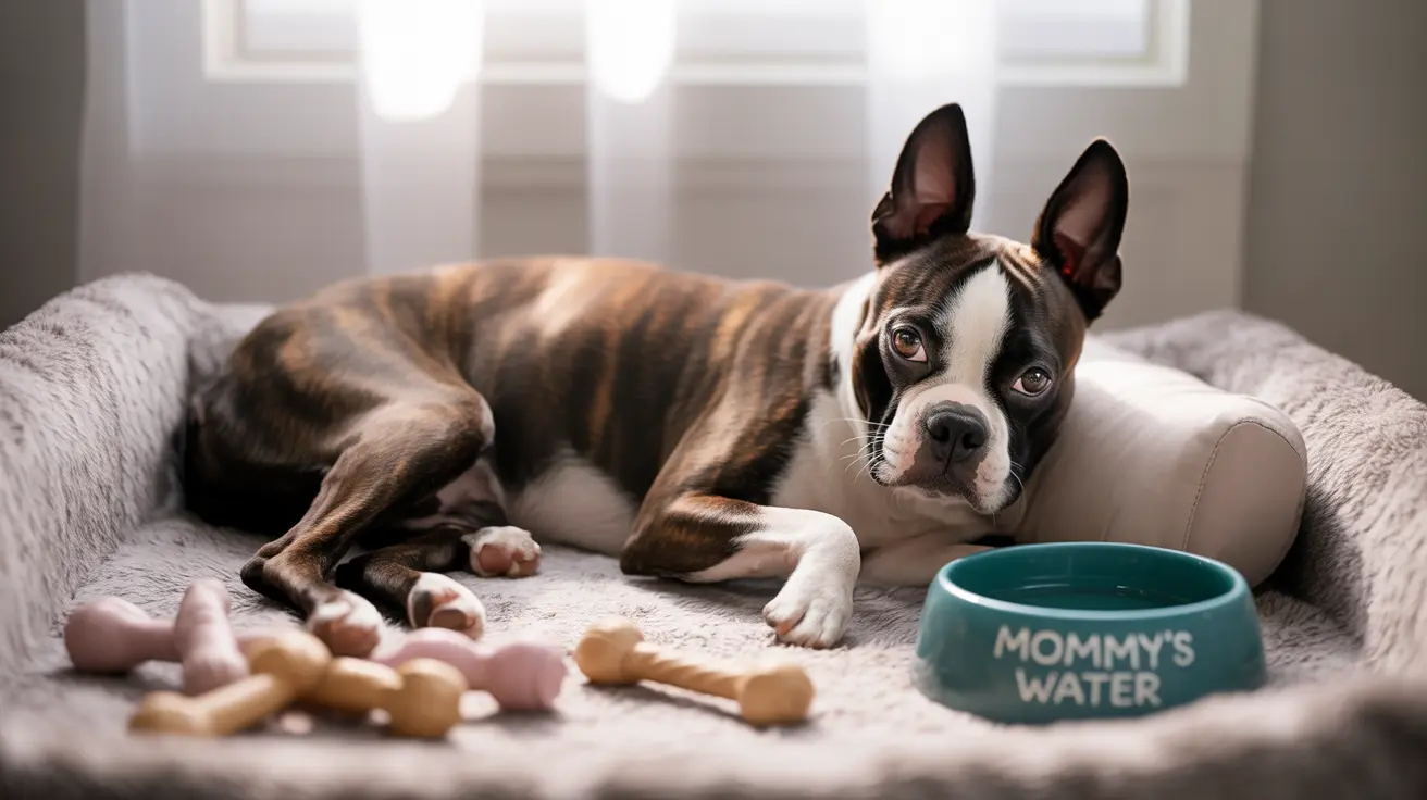 Um cachorro Boston Terrier descansando confortavelmente em uma cama macia, com petiscos e uma tigela de água por perto.