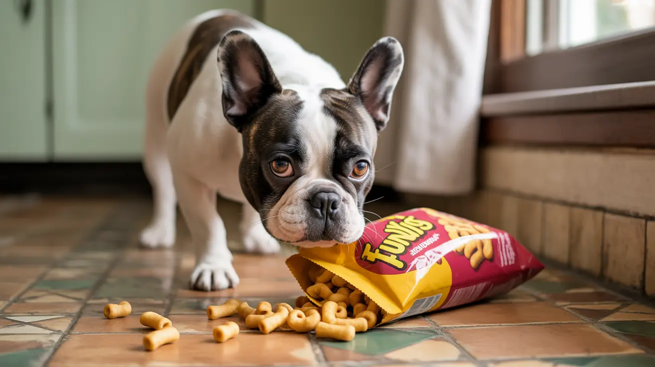 Boston Terrier looking intently at a spilled bag of Twists dog treats on a tiled kitchen floor