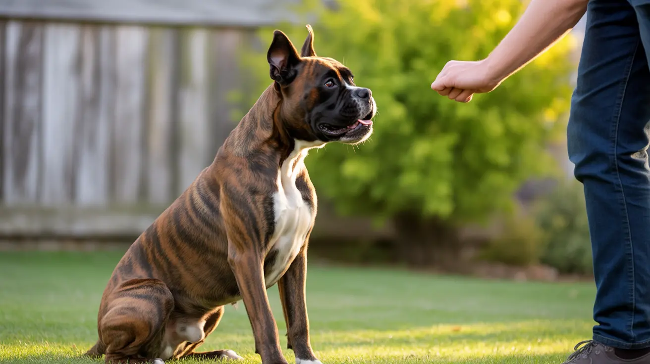 A well-trained Boxer dog sitting attentively in a backyard, looking up at a person's hand