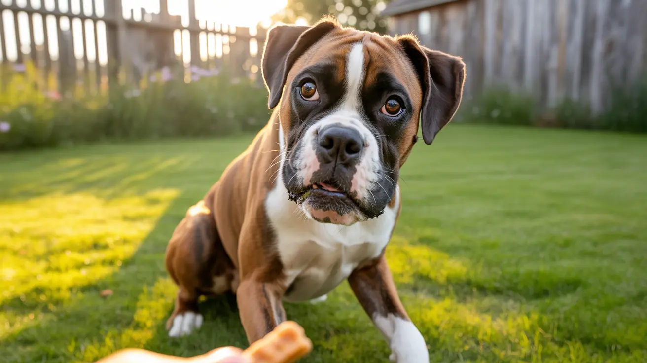 Young Boxer dog sitting attentively in backyard with golden sunlight