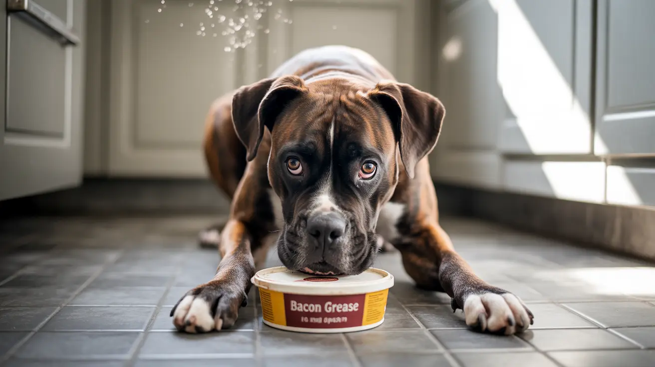 Boxer dog lying on the floor with head on bacon grease container