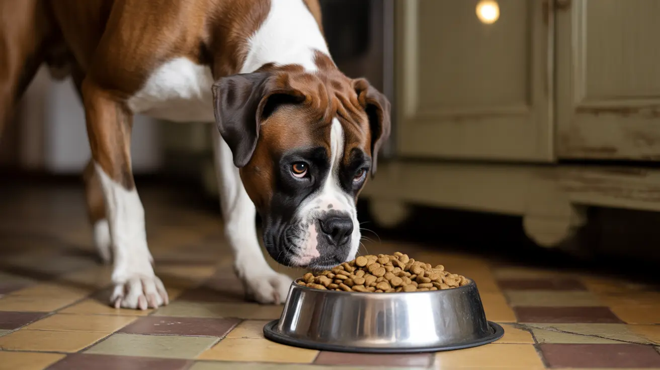 A Boxer dog looking intently at a full bowl of dry dog food
